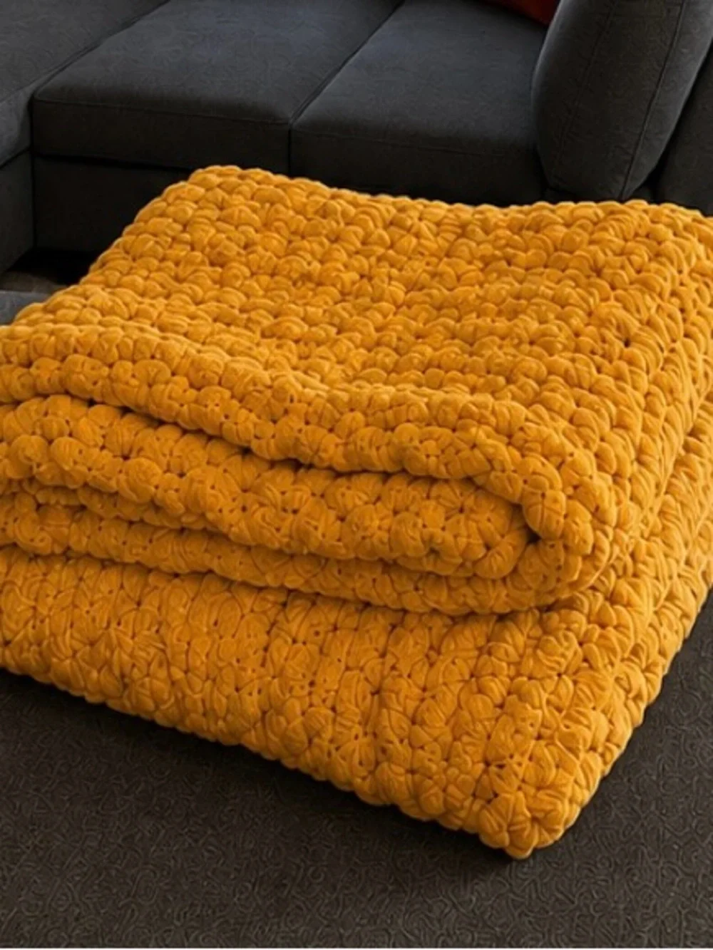 🌼 Handmade Mustard Floral Chunky Knit Blanket – 46” x 48” 🌼